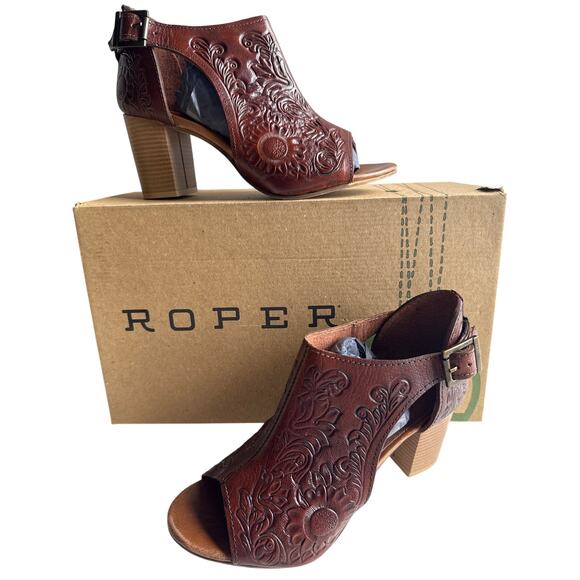 Roper Mika Mule Heels Floral Tooled Tan Leather Women's 8 Open Toe Buckle Close - Picture 3 of 12